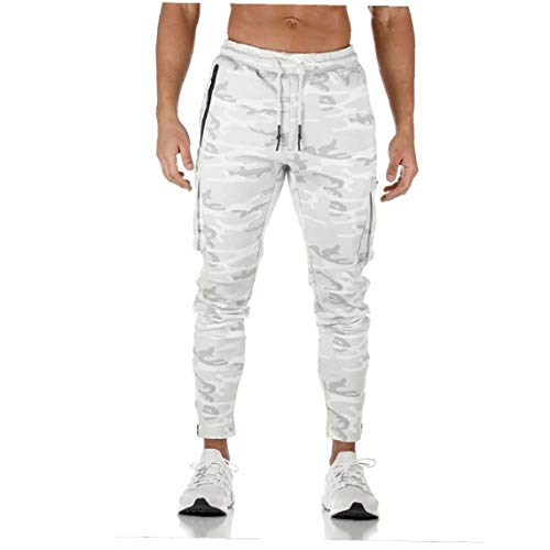 Heren Workout Sport Broek, Atletische Running Jogger Track Broek Casual Joggingbroek met Rits Zakken Wit Camouflage 3XL - Image 3