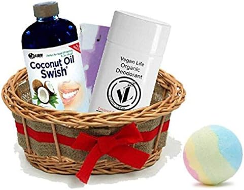 (Gift Basket) Vegan Bath Bomb, Coconut Oil Pulling Mouthwash, Deodorant, Organic Bar Soap