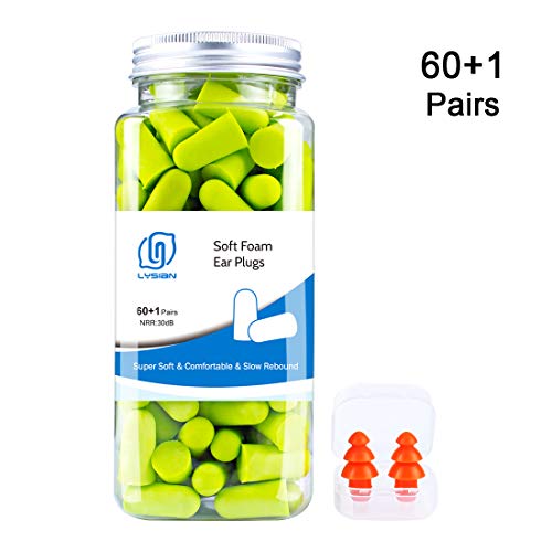 Foam Ear Plugs for Sleeping - Earplugs for Airplanes Noise Reduction 30dB NRR 60 Pairs Free Reusable Silicone Ear Plugs for Swimming Shooting Concerts by LYSIAN