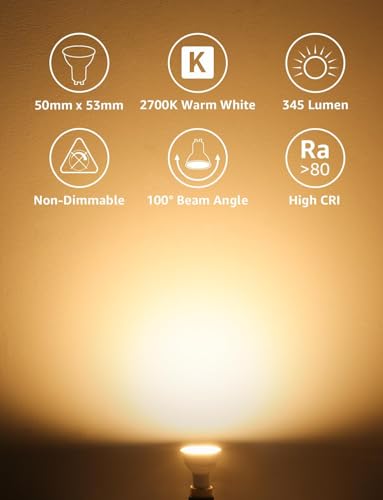 Lepro GU10 LED Bulbs, Warm White 2700K, 4.5W 345lm, 50W Halogen Spotlight Bulb Equivalent, Energy Saving GU10 LED Light Bulbs, 100° Wide Beam, Non-dimmable, Pack of 10