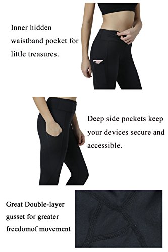 Vigorpace (XS/S/M/L) Women’s Side Pockets Running Cycling Training Yoga Workout Capris Tight Leggings Inner Hidden Pocket (L)