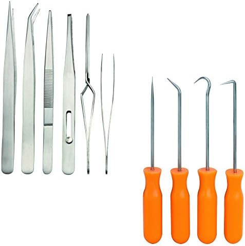 6 PC Stainless Steel Tweezer Set And 4 PC Mini Pick And Hook Set For Various Hobby Applications Including Electronics, Tool, Home, And Auto Repair, O-Ring and Gasket Removal