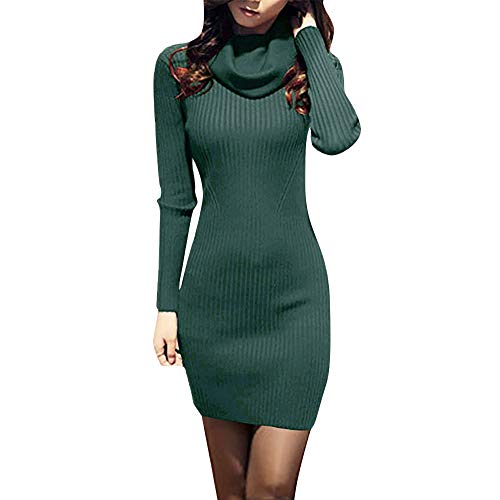 Toimothcn Women Cowl Neck Knit Stretchable Elasticity Long Sleeve Slim Fit Sweater Dress (Green,L) - Thumbnail 5