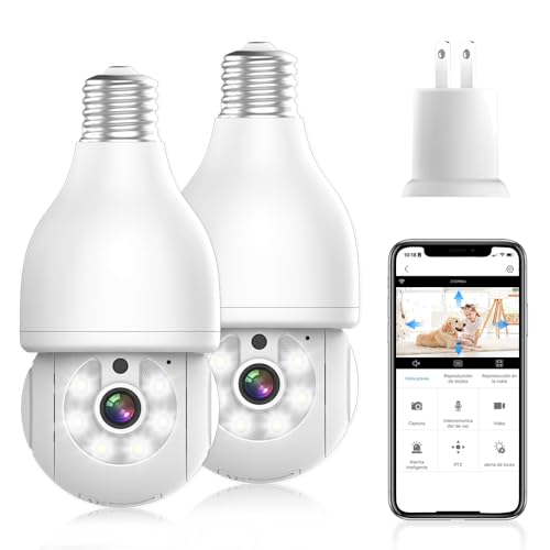 E T EASYTAO | 2PCS Q17 Foco con Camara de Seguridad WiFi, 2MP Camara de Foco 360°, iCSee Tris Home App, Base E27, Visión Nocturna, Audio Bidireccional, Detección de Movimiento, Compatible con Alexa