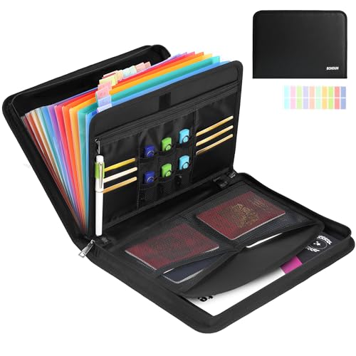 BONDUN 12 Pocket Accordion File Organizer,Fireproof Document Bag,File Folder,Important Document Organizer with Zipper & Labels