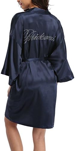 Perfect Corset Women's Wedding Short Kimono Robe for bride and Bridesmaids With Rhinestone For Wedding Party, Bridesmaid Navy M