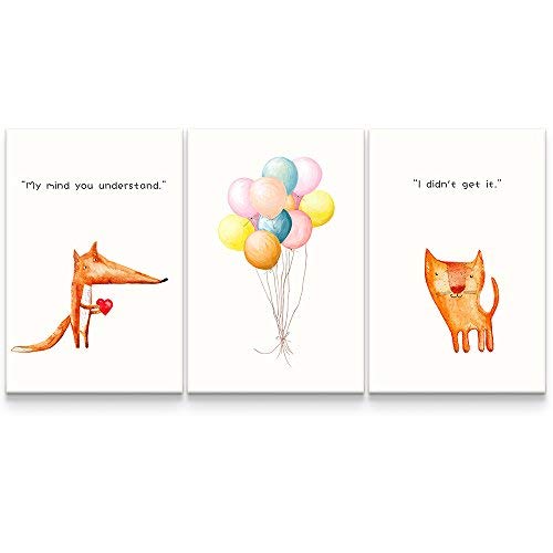 3 Panel Funny Love of Fox and Cat Children's Home Art x 3 Panels