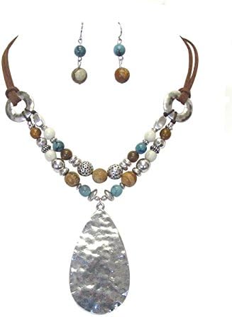 Translucent White Brown & Teal Layered Boho Beaten Silver-Tone Teardrop Bib Necklace 16” w/ Drop Earrings