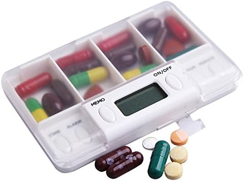 DEEQI Portable Intelligent Medication Reminder Pillbox Timer with 4 Large Compartments, 2 Alarm Set Mode, 8 Sets of Alarm, White
