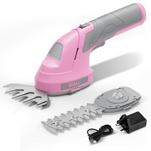 SHALL Cordless Grass Shears, Hedge Trimmer,pink 7.2V Electric Shrub Shears 2 in 1 Handheld Grass Cutter