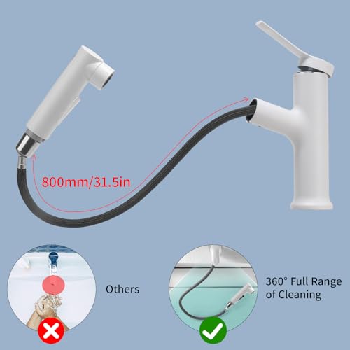 VirtuGro 3-Mode Pull-Out Shower Faucet Bathroom Sink Mixer Tap Single Lever Hot and Cold Mixer Tap Aerator Shower for White Sink