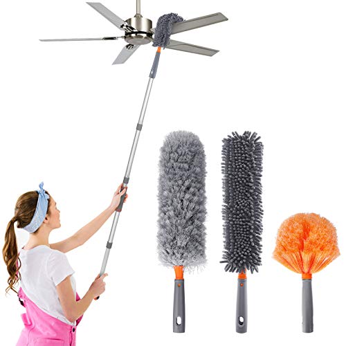 Microfiber Duster with Extension Pole, Feather Duster Dusting Kit, Cobweb Duster Bendable Washable Reusable Lightweight Dusters for Cleaning High Ceiling Keyboard Fan Furniture Cobweb Blinds Cars