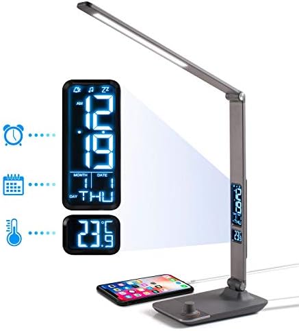 INNOKA Aluminum Alloy Dimmable LED Desk Lamp, 3 Color Modes, 180 Degree Adjustable, Eye Care, Built in LCD Display Temperature, Clock and Calendar, w/USB Charging Port for Office Home, ETL Certified