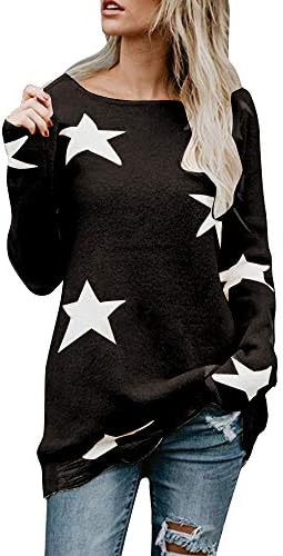 Women's Off Shoulder Long Sleeve Loose Pullover Sweater Knit Hole Star Printed Jumper