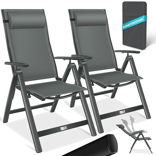 KESSER® Gartenstuhl Hochlehner mit Armlehnen 2er Set Aluminium Klappstuhl mit Kopfkissen & Abdeckung Campingstuhl 7-Fach Verstellbar Rückenlehne Atmun