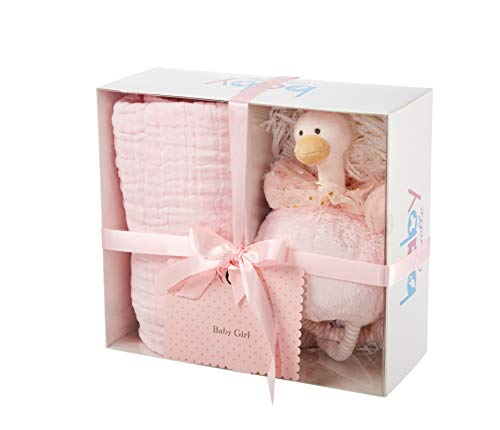 Baby Brielle 2-Piece Pink Essential Gift Set 6 Layer Thick Muslin Multifunctional Bath and Sleep Quilt 40" x 43" with Plush Toy Gift Set + Greeting Card for Newborns, for Infants and Toddlers Girl