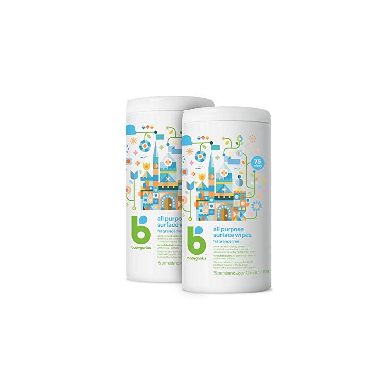 Babyganics All Purpose Surface Wipes, Fragrance Free, 75 Count (Pack of 2), Plant Based and Non-Abrasive, No Ammonia, No…