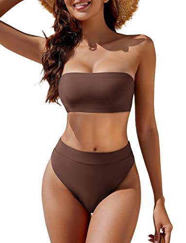 YACUN Costume da Bagno da Donna a Fascia a Due Pezzi con Spalle Scoperte a Vita Alta, caffè, XL