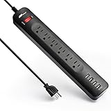 FlePow USB Power Strip with 6 AC Outlets and 4 Smart 5V/2.4A USB Charging Ports, with Built-in 1250W/10A Surge Protector and 6ft Cord, Black