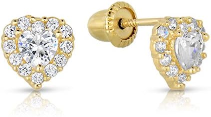 14k Yellow Gold Simulated Birthstone and CZ Halo Stud Heart Earrings for Girls
