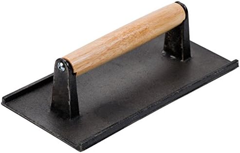 Castym Grill Press | 4.3 x 8.3 Inch Rectangular Cast Iron Barbecue Grill Steak Weight for Bacon Hamburger Sausage | Square Pattern Surface with Cool-Grip Wood Handle | Black | 1339