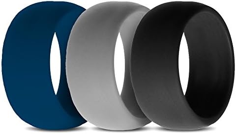 Silicone Wedding Rings - 3 Ring Pack Men's Silicone Wedding Ring Wedding Band - Black-Grey-Navy - For Active Lifestyle, Active Men, Athletes size 9