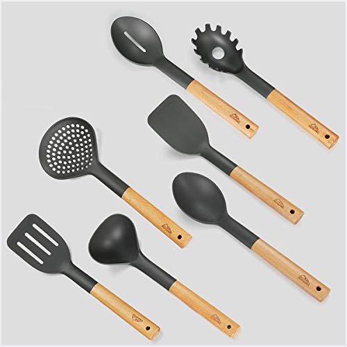 Kitchen Utensil Set - 7 Piece Premium Nylon Cooking Utensils Set With Wood Handles For Nonstick Cookware - Kitchen Cooking Sets With Turners,Tongs,Spatula & Spoons - Best Kitchen Tools For Gift
