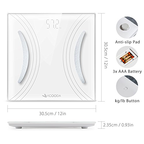 Bluetooth Body Fat Scale,VICOODA Bathroom Scale with IOS and Android App Smart Wireless Digital Scale for Body Weight, Body Fat, Body Water, Muscle Mass, Bone Mass, BMI, BMR and Visceral Fat - White