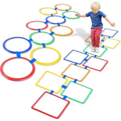 AM ANNA 2 Sets Hopscotch Rings Game for Kids, 20 Plastic Square & Round Hoops with 25 Connectors for Toddlers Gross Motor Skills, Playground Obstacle Course for Toddlers