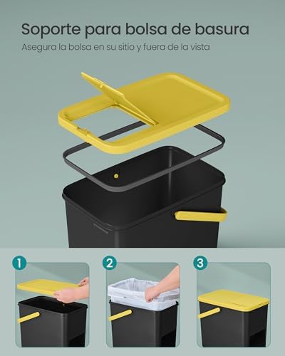 Cubo de Basura, Juego de 3 Cubos Apilables, Papeleras, 20 L Cada, Sistema de Separación Residuos, Tapas Apertura a Presión, Pegatinas, Almacenaje, Amarillo, Azul y Verde LTB763BZ01