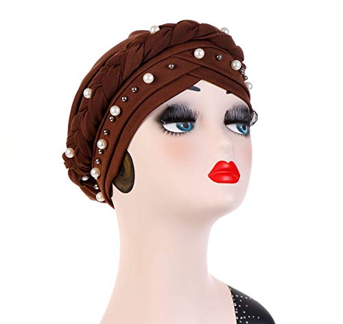 Fxhixiy Women Hijab Beading Pearl Braid Turban Hat Head Scarf Cancer Chemo Beanies Bandana Headwrap Cap (Brown)