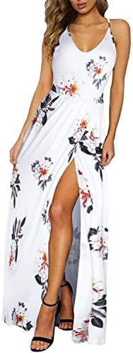 ULTRANICE Womens Summer Floral Adjustable Spaghetti Strap Tie Back Maxi Dress Split