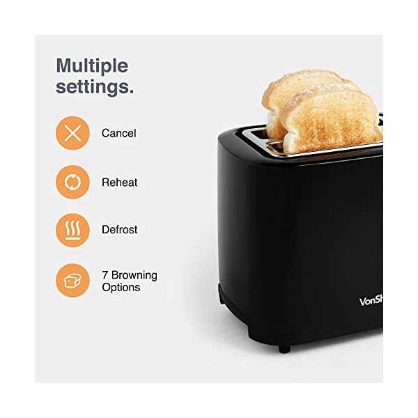 VonShef-Black-Toaster-Compact-2-Slice-Toaster-with-Browning-Control-Defrost-Reheat-Function-Removable-Crumb-Tray-Cord-Storage-Non-Slip-Feet-Portable-Easy-to-Use-with-7-Toasting-Levels-900W VonShef Black Toaster - Compact 2 Slice Toaster with Browning Control, Defrost & Reheat Function Removable Crumb Tray…