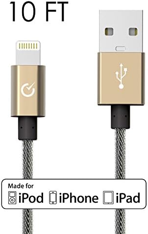 Volts 10FT Lightning Cable [MFi Certified] Nylon Braided Lightning Charger w/Aluminum Case for Apple iPhone 7/7 Plus / 6s / 6 Plus, iPod, iPad (3 Meter - Gold)