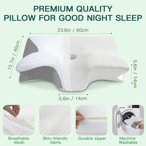 FEYIDEO Cervical Pillow, 2 in 1 Ergonomic Memory Foam Pillow Pillows for Neck Side Sleeper, Back and Mouth Down, 60 x 40 x 12/14 cm (Grey)