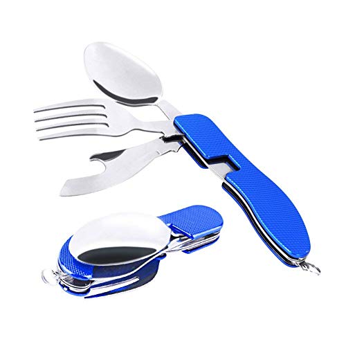 Buycitky Camping Utensil Set 3 in 1 Foldable Multi-Function Stainless Steel Pocket Fork Spoon Knife Kits Brilliant Eating Utensil Hiking/Survival (Blue)