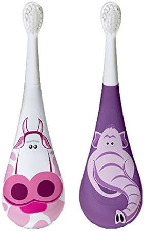Set of 2 Violife Rockee Childrens Toothbrushes &amp; 2 Extra Brushheads Ergonomically Designed Replaceable Brush Heads (Cow - Elephant)