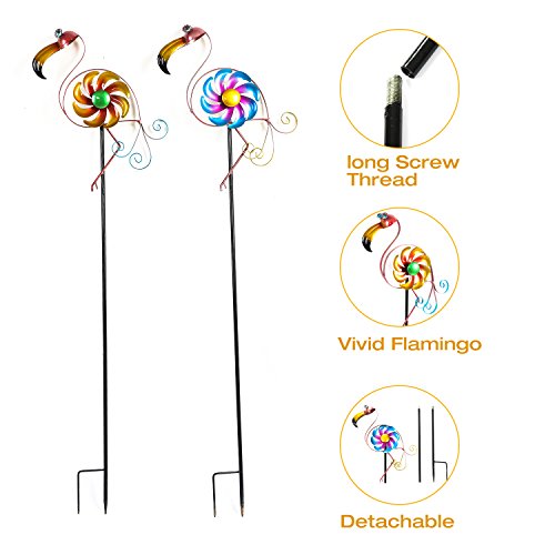 CEDAR HOME Wind Spinner Sculpture Garden Stake Outdoor Cute Metal Stick Art Ornament Figurine Decpr for Lawn Yard Patio by, 10.75" W x 2.25" D x 49.5" H, 2 Set, Flamingo