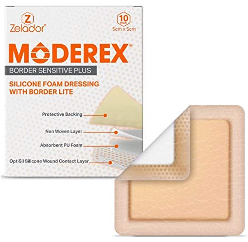 Silicone Lite Foam Dressing (Moderex Border Sensitive Plus) with Border for Light to Moderate exuding Wounds for Sensitive Skin (7.5x7.5cm x 10)