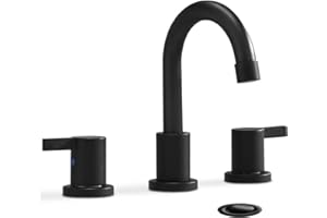 Phiestina 8 Inch 3-Hole Low-Arch 2-Handle Widespread Bathroom Faucet with Valve and Metal Pop-Up Drain Assembly,Matte Black, WF15-1-MB