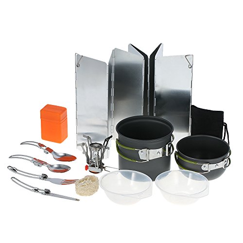 TOMSHOO Camping Cookware Set, Hiking Backpacking Cooking Picnic Cooking Pot Pan Bowl Spoon Fork Spork Cutlery Dinnerware Folding Piezo Ignition Camping