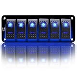 FXC Rocker Switch Aluminum Panel 6 Gang Toggle Switches Dash 5 Pin ON/Off 2 LED Backlit for Boat Car Marine Blue