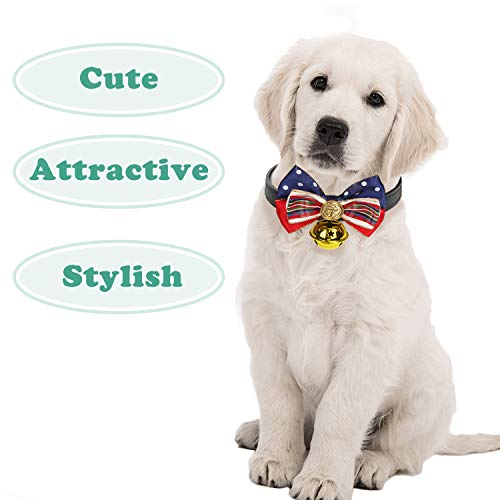 Vavopaw Pet Bowtie Collar, [2 Pack] Puppy Necktie Leather Belt Cute Bowknot Adjustable Small Dog Cat Necklace Collar with Bell Charm, Medium Size - Grid & Stripes - Thumbnail 2