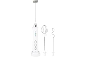 FoodVille MF09 3 in 1 Rechargeable Milk Frother Handheld Foam Maker with Charging Stand & 3 Stainless Steel Whisks (White without Case)