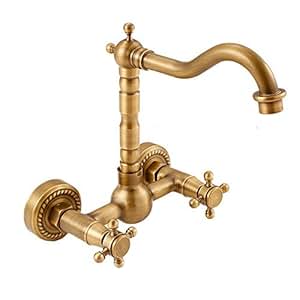 Estilo rústico pared montaje lavabo grifo antiguo latón 360 ° giratorio