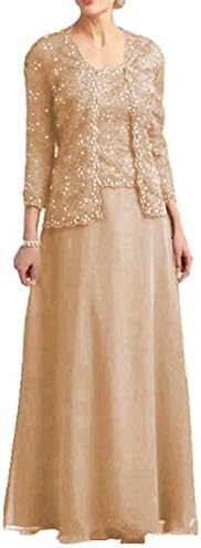 Dressyu Lace Beaded Mother of the Bride Dress Chiffon Formal Gown with Jacket Champagne US22W