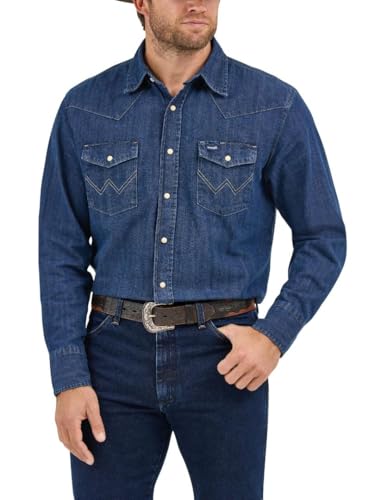 Wrangler Men's Western Long Sleeve Snap Firm Finish Work Shirt - Blue - 19 Inches Neck 35 Inches Sleeve