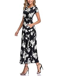 Maxi vestido de verano de manga corta con bolsillos para dama, cuello redondo