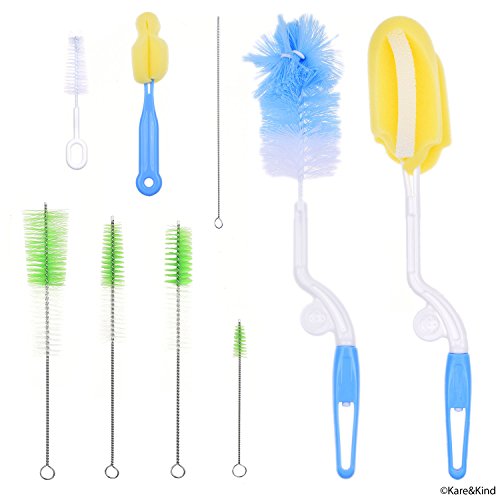 Baby Bottle Cleaning Kit - Set of 9 Cleaning Brushes for Cleaning Baby Milk/Water Bottles, Nipples, Caps, Straws, Tubes, etc. - Makes Your Bottle Sterilising Routine Easier - Safe Food Grade