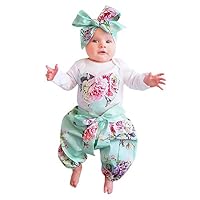 QinYi 3PCs Newborn Baby Girl Floral Rompers Long Sleeve Infant Clothes with Pants Headband Outfits Set Costume (0-6M, Blue)
